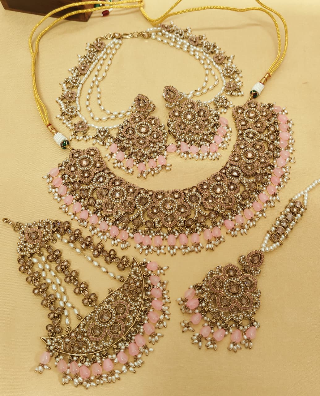 Beautiful Premium Quality Reverse Ad Stone Work Pakistani Necklace With Bahubali Earrings And Tika w